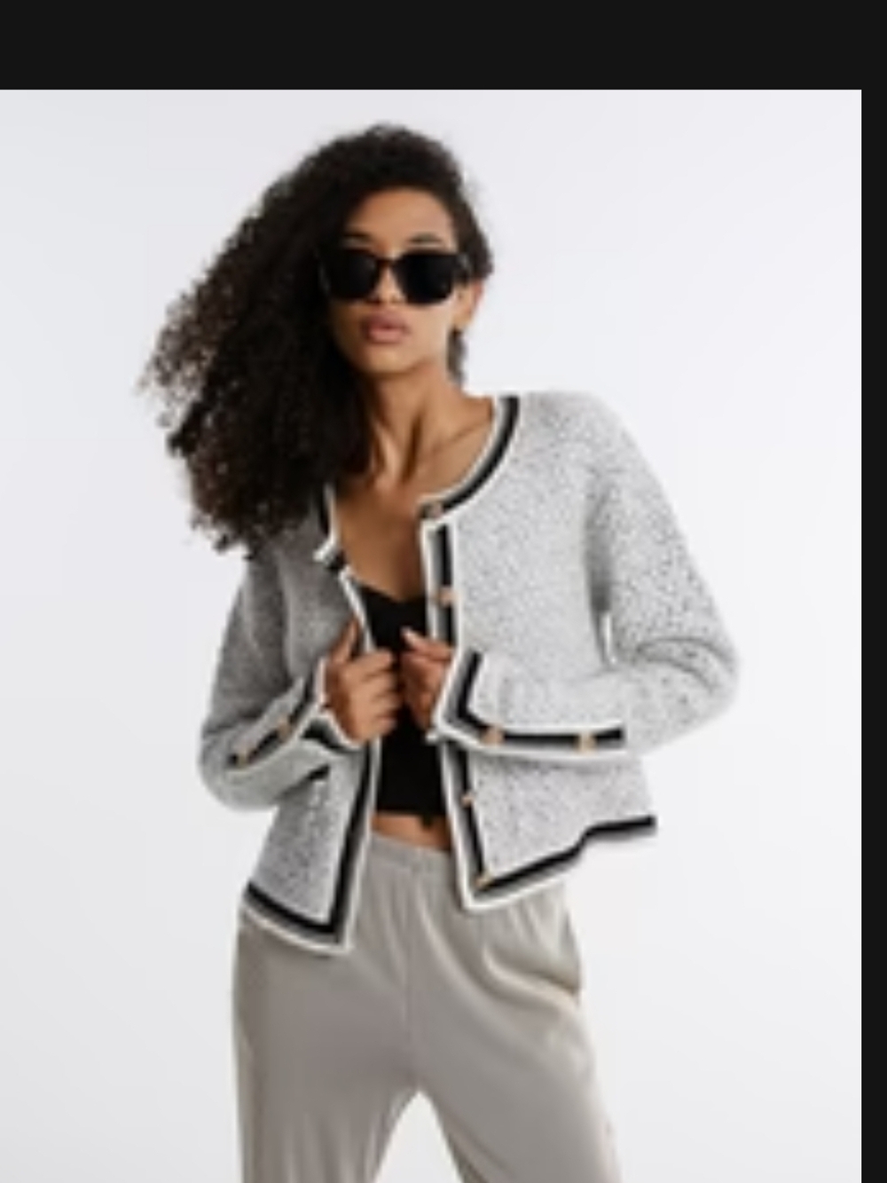 Urban Revivo Classic Tweed-Style Open Cardigan Jacket - White/Black. Fits Large